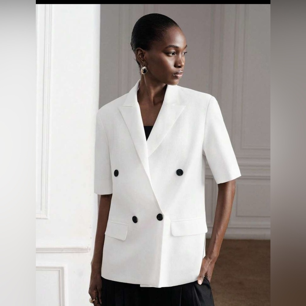 NWT MOTF White Short-Sleeve Double-Button Blazer SZ L